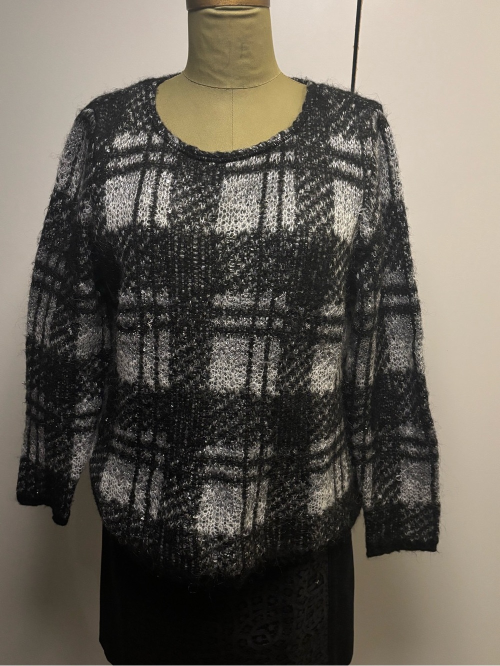 Black & White Plaid Fuzzy Knit Women’s Sweater with subtle sequins